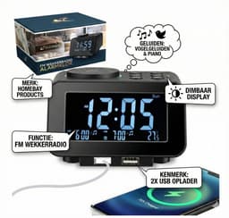 Homebay - Digitale Wekkerradio - Netstroom - 2x USB Oplader - Dimbaar Display - Natuurgeluiden - Zwart — thumbnail 4