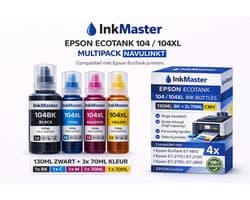 Inkmaster Inkt voor Epson ecotank printers 104 XL multipack van 4x inkt BK-C-M-Y
