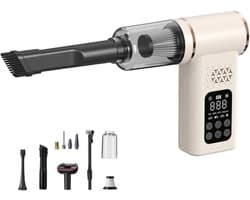 Stofzuiger - Stofzuiger zonder zak - Stofzuiger draadloos - Auto Stofzuiger & Bandpomp - Teelstofzuiger Draadloos - Voor Auto, Huis, Tapijten, Trappen, Huisdierenharen & Fietsen - 18.5x18x6cm - Beige