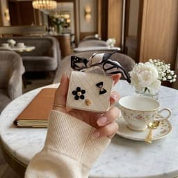 Wit hoesje voor oordopjes dames met strik en decoratieve details geschikt voor AirPods Pro 3 kunstleer hardcase met ring en lint — thumbnail 5