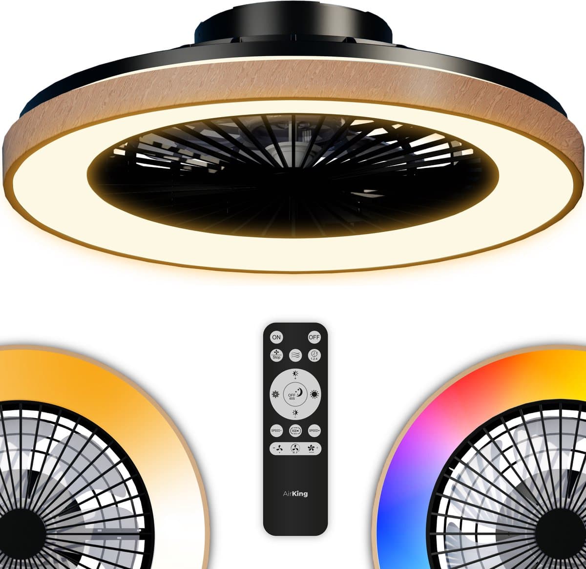 Airking Plafondventilator - Stille Ventilator met Lamp en Afstandsbediening - LED 40W Dimbaar - 3000K-6500K - Zomer en Winterstand Hout — afbeelding 1