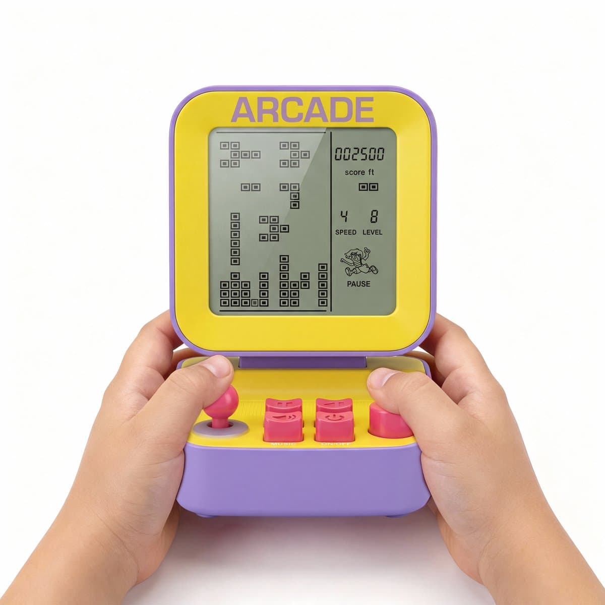 Retro Spelcomputer Blokkenspel - 26 Spelletjes - Speelgoed Voor in de Auto - Mini Arcade Game Console voor Kinderen - Puzzel Speelgoed - Reisspelletjes Kinderen - Cadeau voor Jongens en Meisjes - Vakantie - 6+ Jaar - Paars en Geel - Silvergear — afbeelding 1