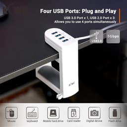 360° draaibare hoofdtelefoonstandaard met verstelbare veerklem, gaming headset hanger - wit. - USB 3.0 x 1, USB 2.0 x 3 — thumbnail 3
