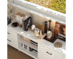 Tv-lowboard Urbanhome Lumino 180 cm – Modern tv-meubel voor televisies tot 75 inch – 4 laden, 2 open planken, houtnerf design, multifunctioneel entertainmentcentrum voor woonkamer, wit