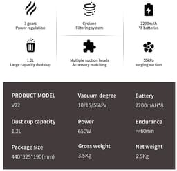 Hennova Draadloze stofzuiger - Steelstofzuiger - Vacuum cleaner - 4 Opzetstukken - 650W - 55kPa zuigkracht - 3 Snelheden - 1.2L capaciteit - LED-display - Paars/zwart - 110cm hoog — thumbnail 3