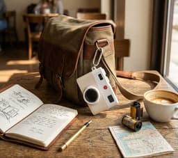 Wit hoesje voor oordopjes unisex in retro camera vorm met karabijnhaak geschikt voor AirPods 4 met reliëf details en compact ontwerp — thumbnail 3