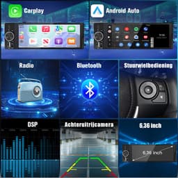 JUNSUN 1DIN FM autoradio -Draadloos Carplay Android Auto - Bluetooth - Achteruitrijcamera & Microfoon - Plag & Play met 6,36" scherm RDS, USB, Stuurwielbediening — thumbnail 5