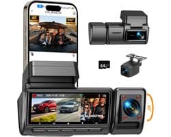 Dashcam Auto - 3 Kanaals Camera - Veilige Ritten - 490° Groothoek - 3.16 Inch Scherm