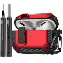 Rood robuust hoesje voor oordopjes met carbon look geschikt voor AirPods Pro 3 inclusief schoonmaakset en karabijnhaak – schokbestendig en duurzaam — thumbnail 1