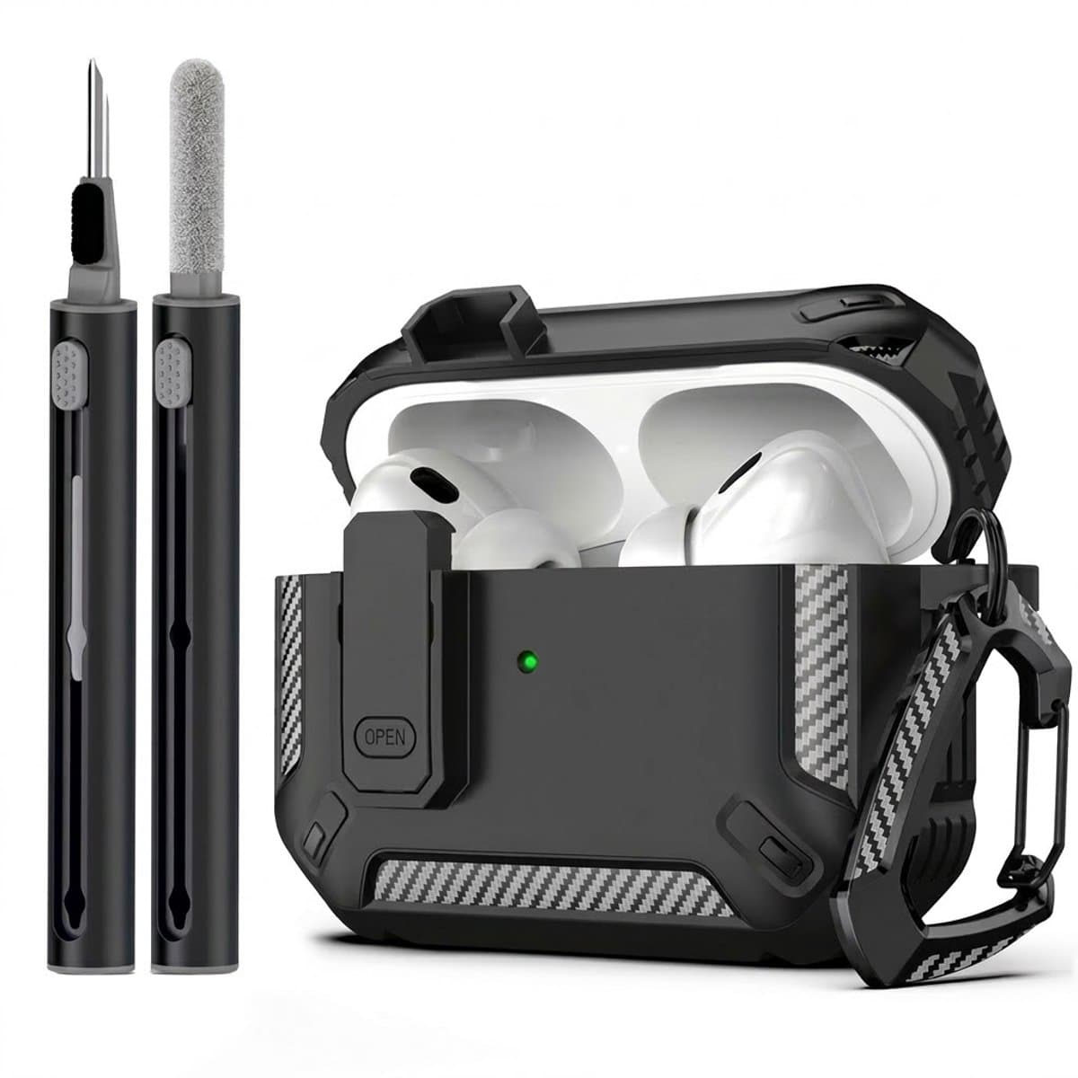 Zwart robuust hoesje voor oordopjes met carbon look geschikt voor AirPods Pro 3 inclusief schoonmaakset en karabijnhaak – schokbestendig en duurzaam — afbeelding 1