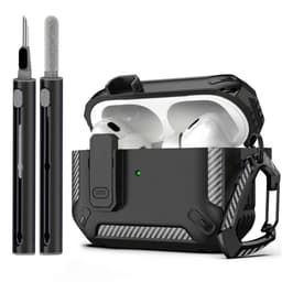 Zwart robuust hoesje voor oordopjes met carbon look geschikt voor AirPods Pro 3 inclusief schoonmaakset en karabijnhaak – schokbestendig en duurzaam — thumbnail 1