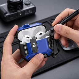 Blauw robuust hoesje voor oordopjes met carbon look geschikt voor AirPods 4 inclusief schoonmaakset en karabijnhaak – schokbestendig en duurzaam — thumbnail 4