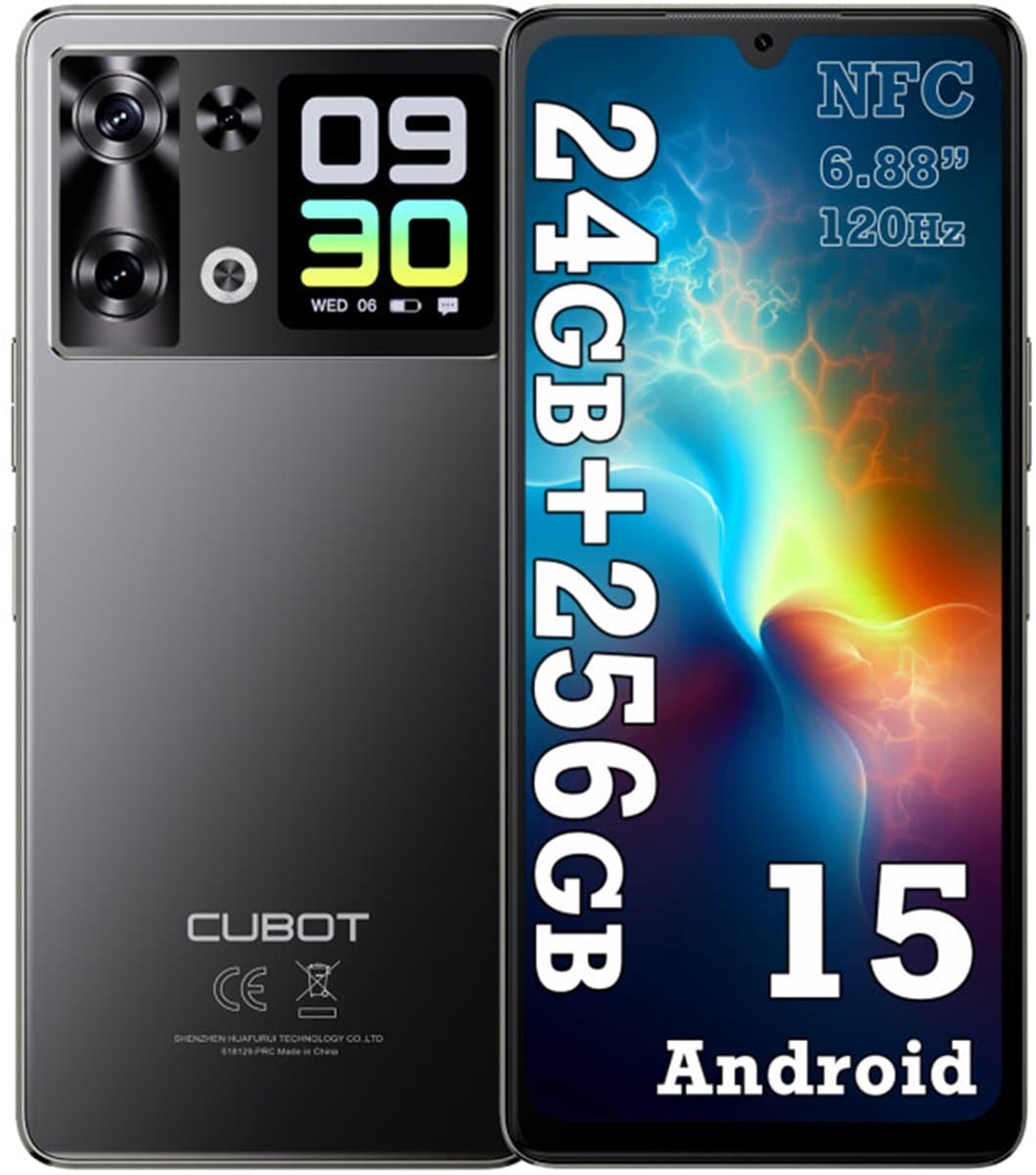 CUBOT P90 Smartphone - 24GB RAM - 256GB ROM - 5100 mAh - 6,88 inch 120 Hz- Android 15 - Dual SIM 4G - 64MP+16MP - NFC - GPS - Face ID - Zwart — afbeelding 1
