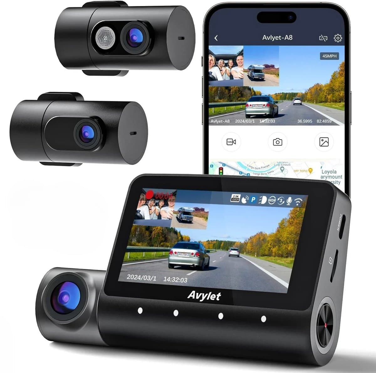 Avylet A8 - Dashcam Voor Auto - Drievoudige Lens - Ultra 5K & Full HD - 2025 model - Voor en Achter Camera - WiFi & GPS - 3 inch met App - Loop Opname - G Sensor - Parkeerbewaking - Infrared Night Vision - Voice Control — afbeelding 1