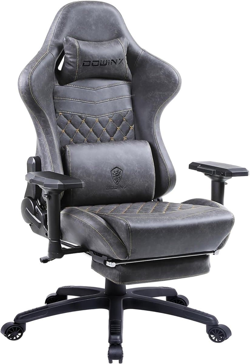 Dowinx luxe gamingstoel - ergonomische bureaustoel van leer met quilting - 4D armleuningen - massage lendensteun en voetensteun - verstelbaar van 90° tot 170° - belastbaar tot 200 kg - grijs — afbeelding 1