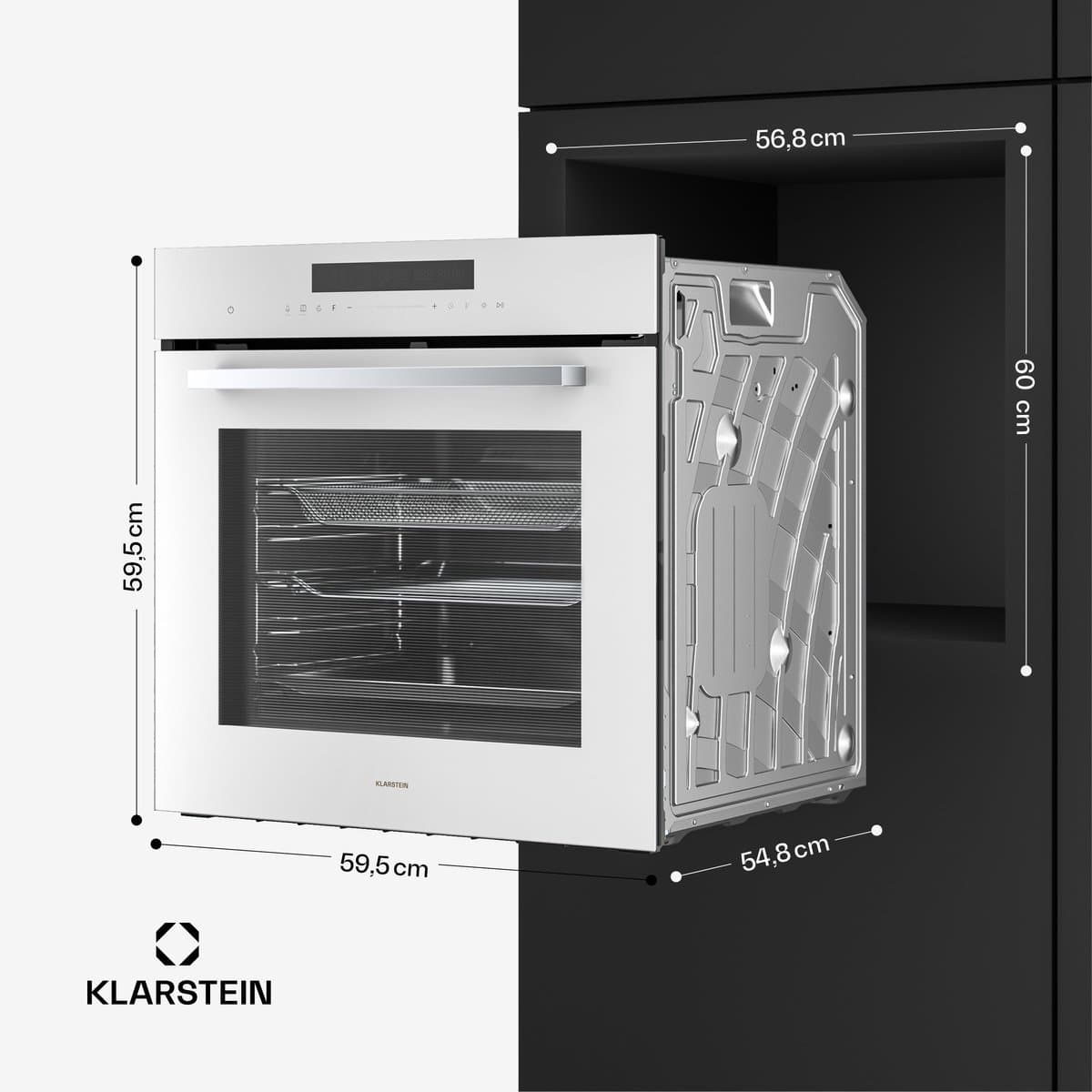 Klarstein Airjet inbouwoven - 72 liter elektrische oven met airfryer-modus, 13 kookfuncties, touchbediening, geëmailleerde binnenkant, A++ energieklasse, driedubbele beglazing, geïntegreerde enkele oven, wit — afbeelding 1