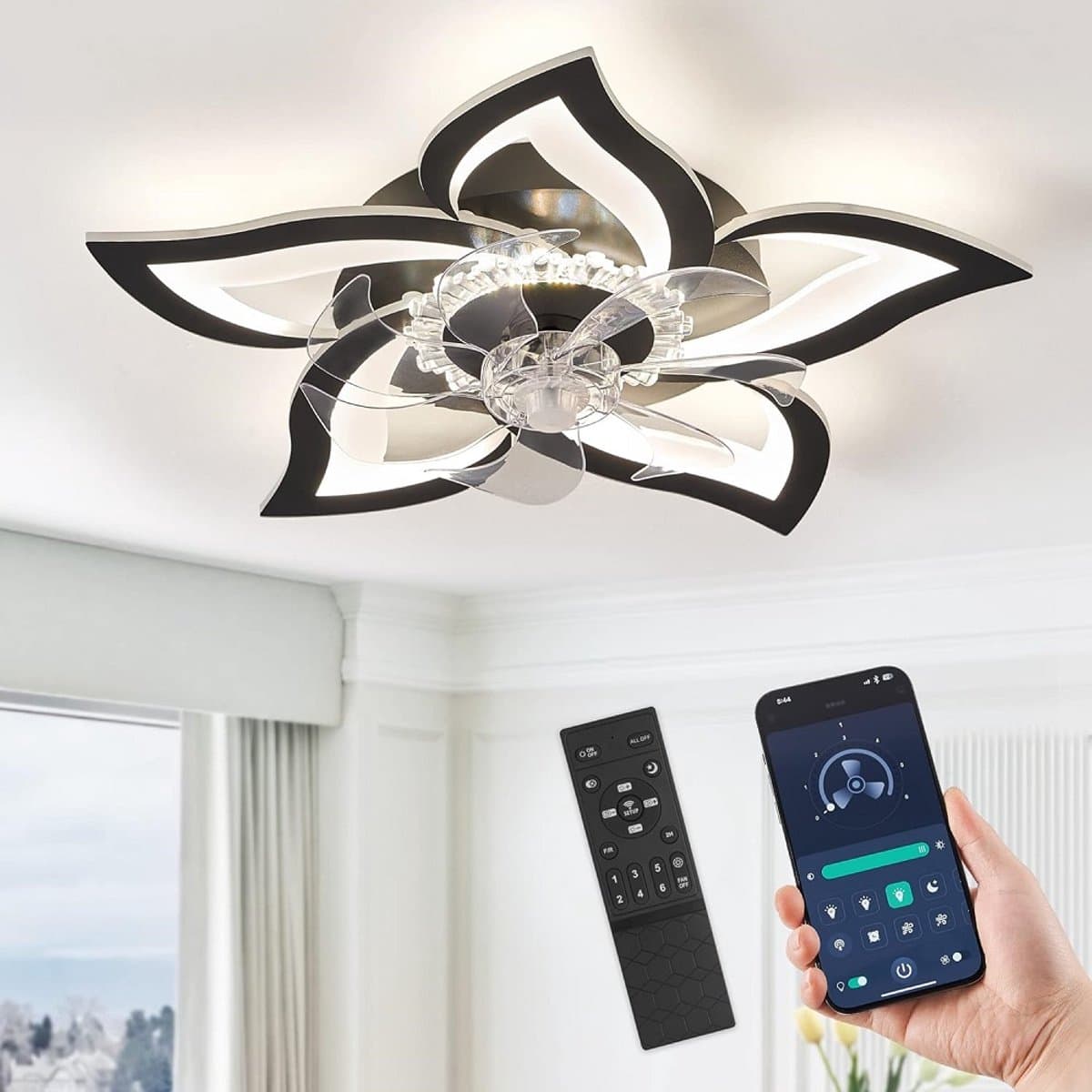 5 Lotus Ventilator - Bedienbaar Met Afstandsbediening & APP - Zwart - Plafondventilator - Plafonniere - 6 Standen - Moderne Lamp - ⌀ 69cm — afbeelding 1