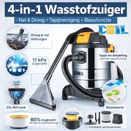 COIL Wasstofzuiger - Voor tapijten en meubelbekleding - 4-in-1 - 25L - Nat- en Droogzuiger + Wasfunctie + Blaasfunctie | Filterreinigingsfunctie I 17 kPa | 5L Detergenttank | HEPA-filter I Accessoires Set — thumbnail 5