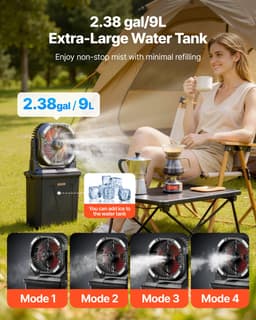 VEVOR Campingventilator, 2700 Rpm Motor, Vernevelingsventilator, Vernevelingsventilator met 9l Watertank, 10000mah Accu, 4 Windsnelheden en 5 Lichtstanden, Draagbare Staande Ventilator voor Kamperen, Vissen en Reizen — thumbnail 4
