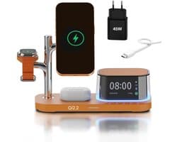 Draadloze Oplader 5-in-1 met Wekker, Bluetooth Speaker & LED Nachtlamp Geschikt voor MagSafe van MMOBIEL – 25W Qi2.2 Magnetische Draadloos Oplaadstation Geschikt voor Smartphone, Smart Watch en Oordopjes – Kosmisch Oranje