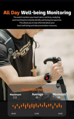Knobbout 1.46” Sport Smartwatch met Extra Lange Batterijduur – 1000mAh - LED-zaklamp & kompas - AI Spraakassistent - Bluetooth Bellen - 100+ Sportmodi, IP68 Waterdicht -Bruin Silicone — thumbnail 5