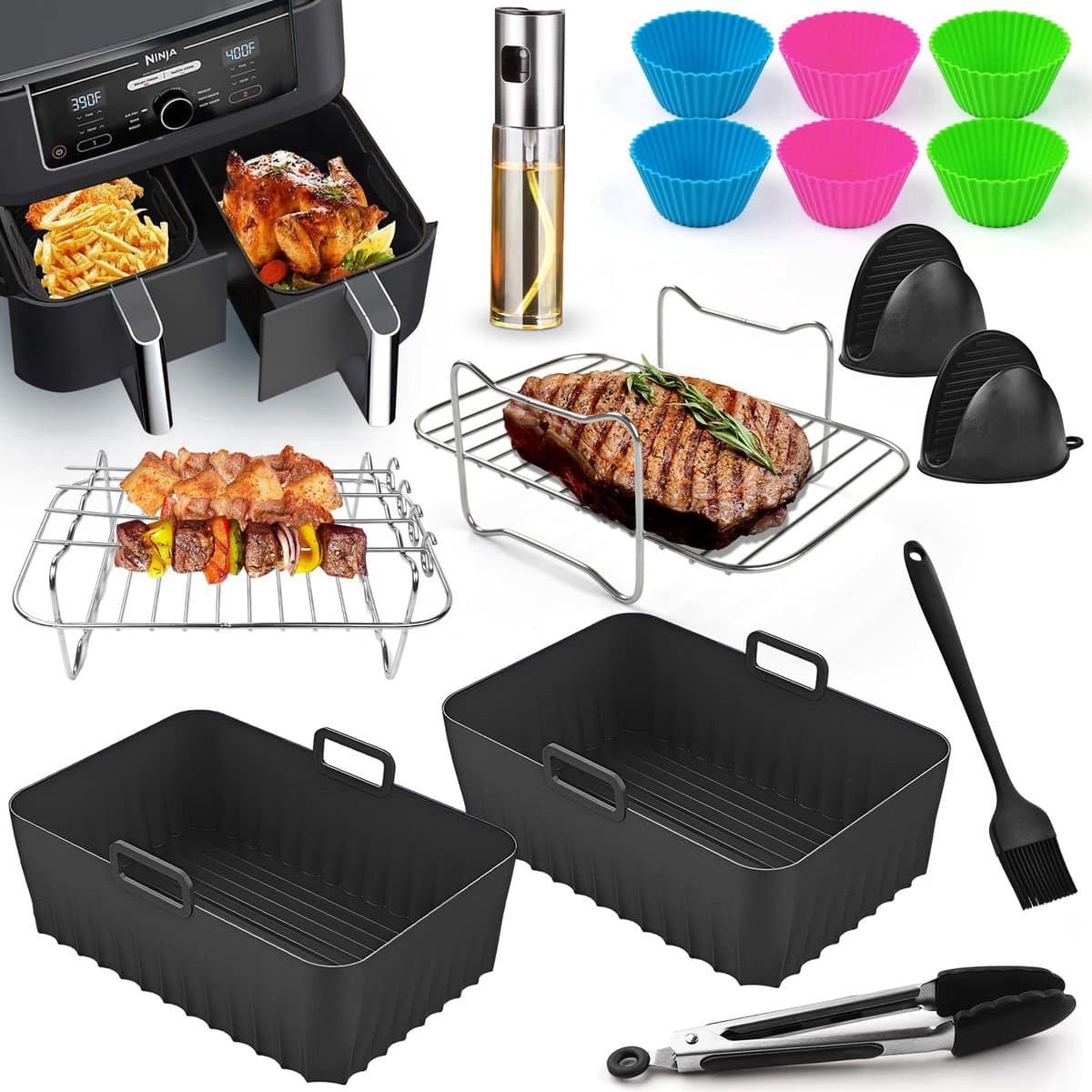 Airfryer accesoires - Dubbel accessoireset voor de airfryer – Geschikt voor Ninja AF300EU, AF400EU & Tower T17088 - Voor dubbele airfryer 7,6L - 9,5L - BPA-vrij - Vaatwasserbestendig - A irfryer siliconen bakje — afbeelding 1