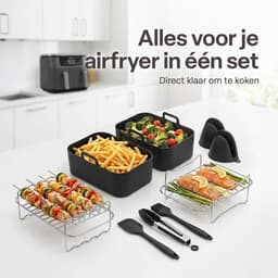Airfryer Accessoireset 10-delig – Siliconen Bakjes, RVS Rekken, Spiesenrek, Tang, Spatel & Bakkwast – Geschikt voor Dual Zone Airfryer 7-10L – Vaatwasserbestendig & Hittebestendig 230°C — thumbnail 2