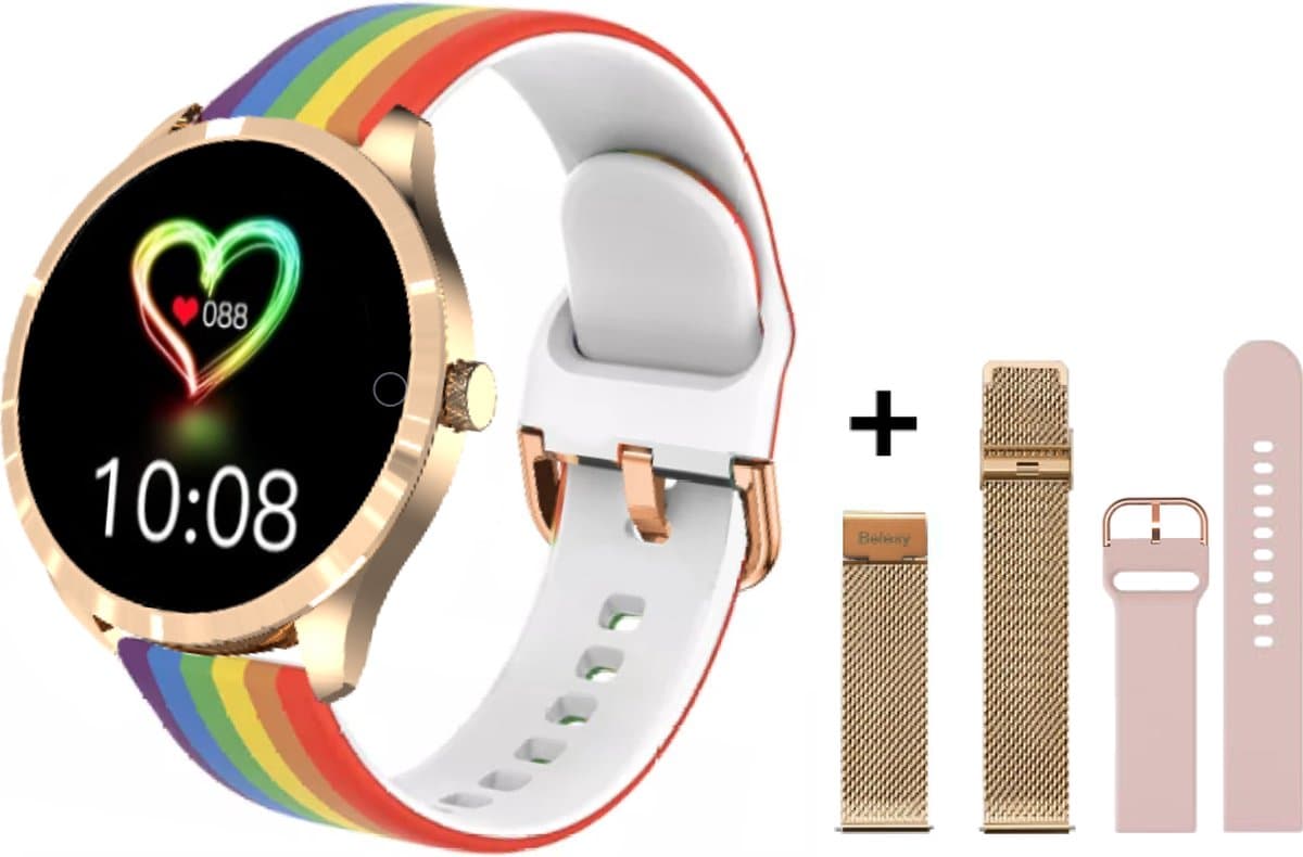Belesy® BQSiRgRb PLUS - Smartwatch Dames – Smartwatch Heren - Horloge - 1.28 inch - Kleurenscherm - Stappenteller - Bloeddruk - Hartslag - 75+ Wijzerplaten – Sporten – Rose Goud - Milanees staal - Siliconen – Regenboog - Roze - Kerstcadeau — afbeelding 1