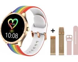 Belesy® BQSiRgRb PLUS - Smartwatch Dames – Smartwatch Heren - Horloge - 1.28 inch - Kleurenscherm - Stappenteller - Bloeddruk - Hartslag - 75+ Wijzerplaten – Sporten – Rose Goud - Milanees staal - Siliconen – Regenboog - Roze - Kerstcadeau