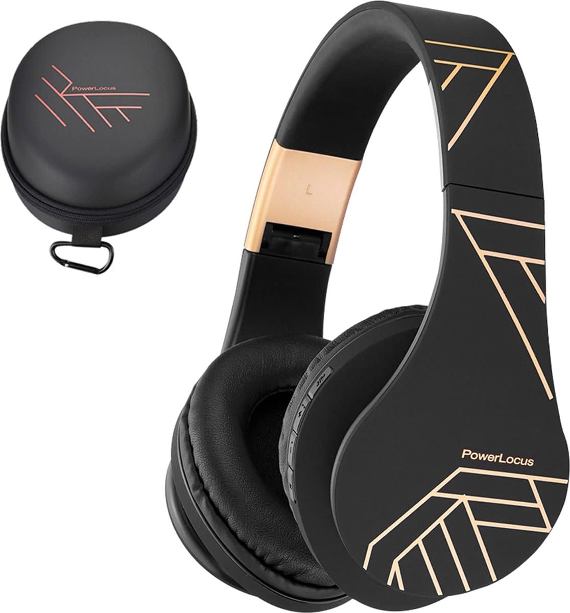 PowerLocus P2 - Draadloze Over-Ear Koptelefoon Inklapbaar - Bluetooth Hoofdtelefoon - Met microfoon – Headphone - Micro SD mode – Incl. Carry Case - Upgrade Zwart/Goud — afbeelding 1