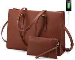 Lubellie® Dorina Tweedelige elegante Dames Handtassen set met een USB-oplaad poort - Dames laptoptas - Schoudertas - Een laptopvak voor 15,6 inch Laptops - Met gratis clutch - Bruin