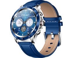 Darenci Platinum Pro Smartwatch Heren – Zilver/Blauw – Leren Band – Bluetooth Bellen & Muziek – Hartslag-, Bloeddruk- & Zuurstofmeter – IP67 Waterdicht – Luxe Activity Tracker