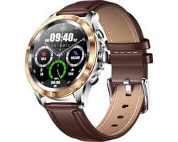 Darenci Platinum Pro Smartwatch Heren – Goud/Bruin – Bluetooth Bellen & Muziek – Hartslag-, Bloeddruk- & Zuurstofmeter – Leren Band – IP67 Waterdicht – Luxe Activity Tracker
