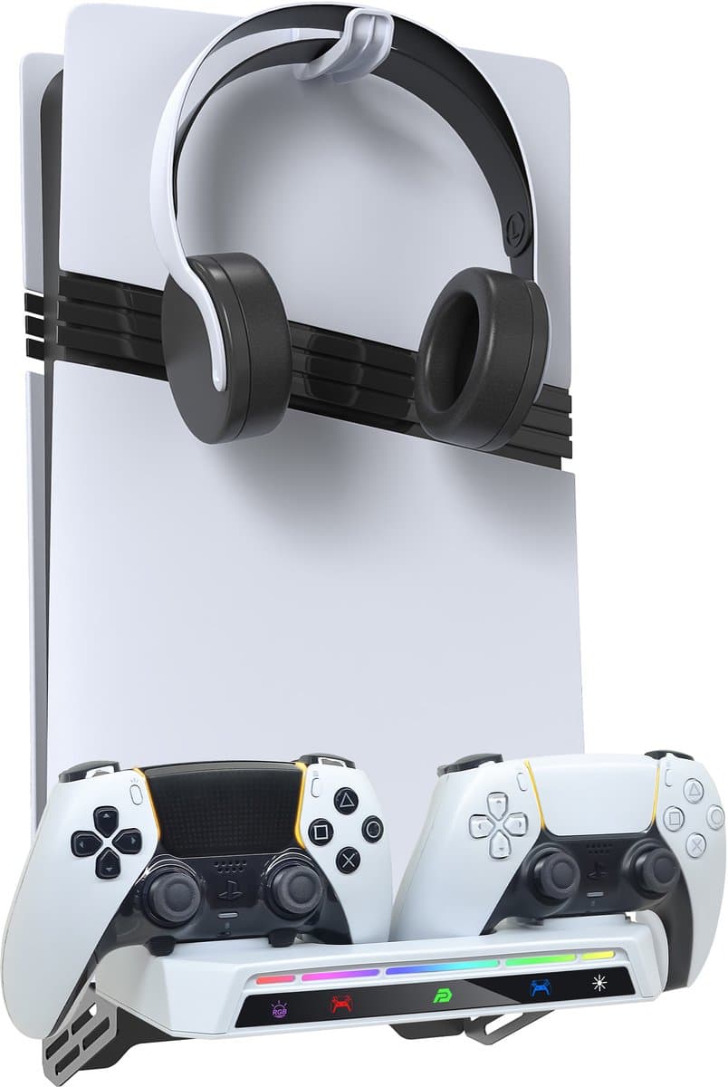 PlayCool 2-in-1 RGB Muurbeugel & Oplaadstation – Geschikt voor PlayStation 5 / PS5 Slim / PS5 Pro (Disc & Digital) – DualSense (Edge) Controller – Met LED Oplaadindicator — afbeelding 1