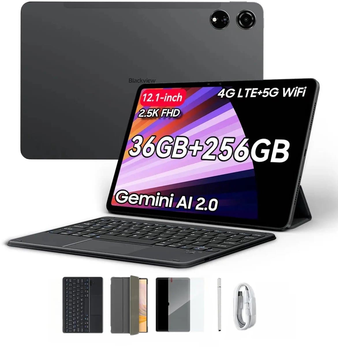 Blackview MEGA 3 Tablet - Android 15 - 12.1 Inch - 36GB RAM - 256GB ROM - Met Toetsenbord - Dual 4G LTE - 8800mAh - 13MP+50MP Camera - Grijs — afbeelding 1