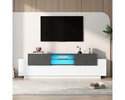 Pugsdrly LED TV-standaard, TV-ladekast, onderkast, modern multimediacenter met glazen legplanken voor woonkamer, slaapkamer, TV-console met opbergruimte, multimedia-unit voor videogames voor 80/75/70/65/55 inch televisies, wit + grijs