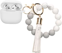 kwmobile Hoesje voor Apple Airpods 4 Case met Polsbandje – Siliconen Beschermhoes met Sleutelhanger – Hoofdtelefoonhoesje in wit / grijs — thumbnail 2