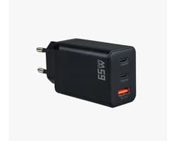 Snellader 65W - 2x USB-C PD Fast Charge - 1x USB-A Quick Charge 3.0 – Oplader 65 Watt - GaN Technologie - USB-C Adapter - Geschikt voor Smartphones, Tablets, Laptops, Etc. – Zwart