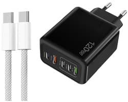 120W 5-Poorts Snellader - USB-C PD + QC3.0 - Incl. 1 meter USB-C naar USB-C kabel - Multiport USB Adapter lader geschikt voor telefoons, tablets etc. - zwart