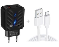 20W Snellader met USB + USB-C - PD3.0 & QC3.0 - Inclusief 1 meter USB naar 8-Pin Laad- en Datakabel Oplader - geschikt voor iPhone en iPad - zwart