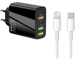 65W 5-Poorts USB Lader met Dual USB-C PD + 3X USB-A - Inclusief 1 meter 3A USB-C naar 8-Pin Kabel - Snellader - zwart