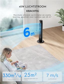 Torenventilator - Stil - Met Afstandsbediening - 92 Cm - Mobiele Ventilator - Zuilventilator - 7 Uur Timer - 3 Modi - 3 Snelheden - 45 W Staande Ventilator - Zwart — thumbnail 3
