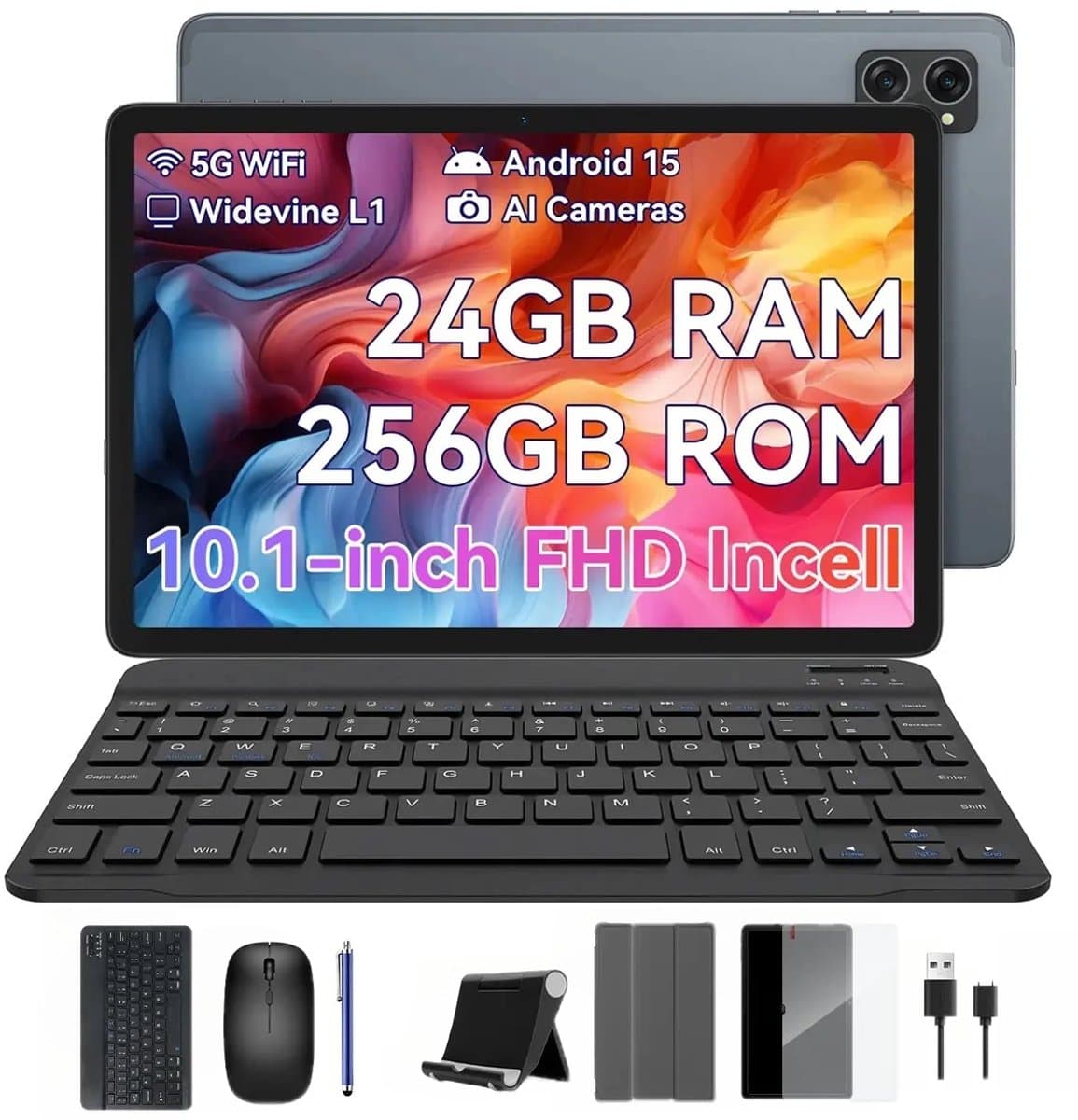 KINGRID T20 Tablet - 24GB RAM - 256GB ROM - Met Toetsenbord - Met Lederen Hoesje - Android 16 - 10.1 inch - 5000mAh - OTG - Hoes - Stylus - Muis - Grijs — afbeelding 1