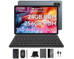 KINGRID T20 Tablet - 24GB RAM - 256GB ROM - Met Toetsenbord - Met Lederen Hoesje - Android 16 - 10.1 inch - 5000mAh - OTG - Hoes - Stylus - Muis - Grijs