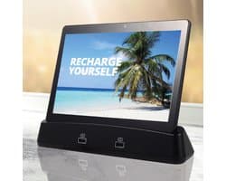 Bianca Tablet + Docking Station met BT Speakers, 10.1 Inch IPS Hi Res LCD+Camera, Draadloos Opladen, BT+WiFi+2xSIM+4G, GPS Navigatie, Beeldbellen, Micro SD kaart,+2 USB poorten voor opladen Smartphone en Tablet, 64 bit OctaCore Processor, Android OS