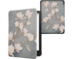 kwmobile e-reader hoesje geschikt voor Amazon Kindle Paperwhite (2024)/Colorsoft hoes - E reader flip case met magnetische sluiting - Ereader cover - Magnolia design in taupe / wit / blauwgrijs