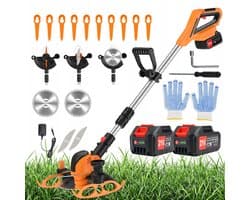 21V elektrische grasmaaier - Hoek-/lengteverstelbaar - Veiligheidsvergrendeling - Wordt geleverd met 3 messen, kantensnijder, bosmaaier - Wordt geleverd met installatiegereedschap en handschoenen