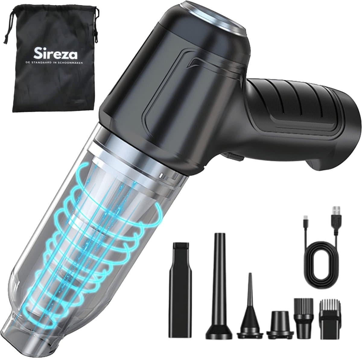 Sireza T2 - 3-in-1 kruimeldief - kruimelzuiger - kruimeldief snoerloos -6 opzetstukken - mini handstofzuiger - nat en droog - thuis, dierenhaar en auto - air duster - opbergtas — afbeelding 1