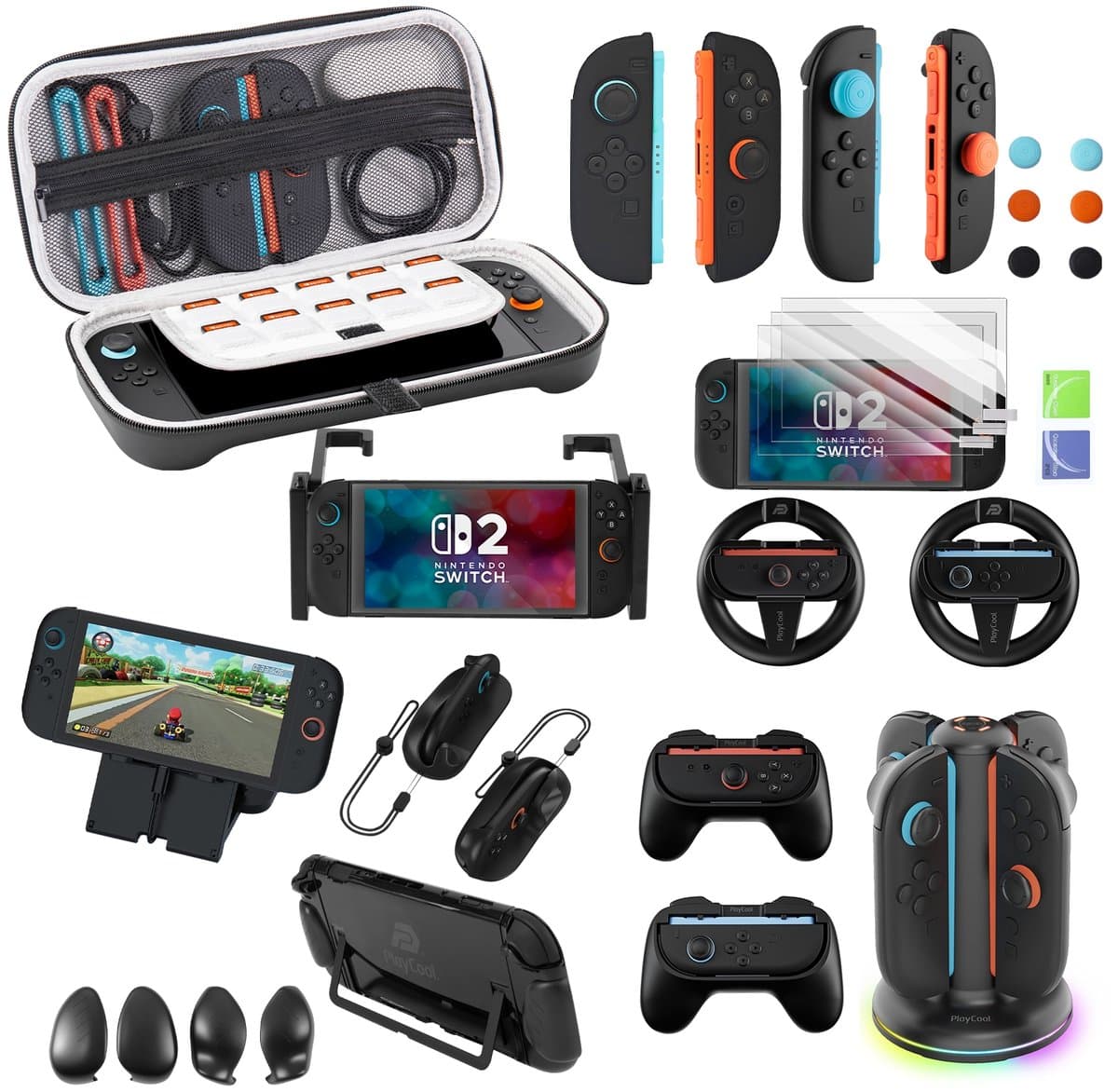 PlayCool 23-in-1 Accessoirebundel voor Nintendo Switch 2 – Beschermhoes, Screenprotectors, Thumb Grips, Joy-Con Siliconen Covers, Stuurset, Controller Grips, Oplaadstation, Playstand & Game Muisset — afbeelding 1