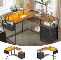 Gaming Bureau met LED Verlichting - 120x120x75cm - L-Vormig Game Bureau met Stopcontact - 2 Non Woven Lade - Gaming Desk - Computer Tafel - Gaming Tafel - Bureau voor Gamen, Studeren en Werken - Vintage Bruin — thumbnail 1